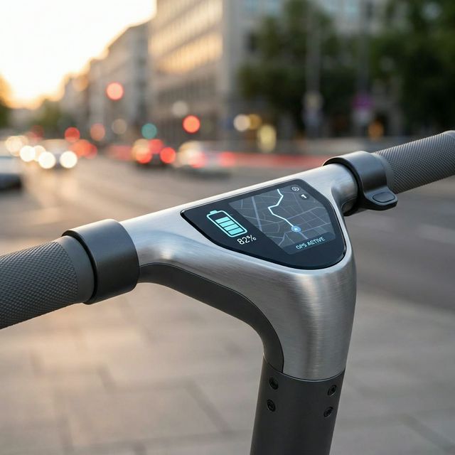 Carbon fiber smart bicycle parked near a solar charging station, green urban environment. No people.